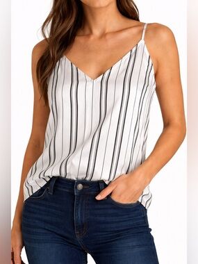 Dynamite White & Black Striped Satin V-Neck Cami Tank Top P/S